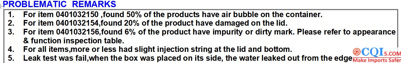 Remarks Section Of Disposable Plastic Tableware Quality Inspection